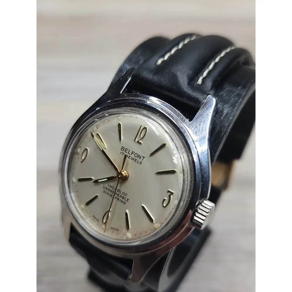 Vintage Belfont 17 Jewels Manual Wind Incabloc watch. New Leather Band. 1950's